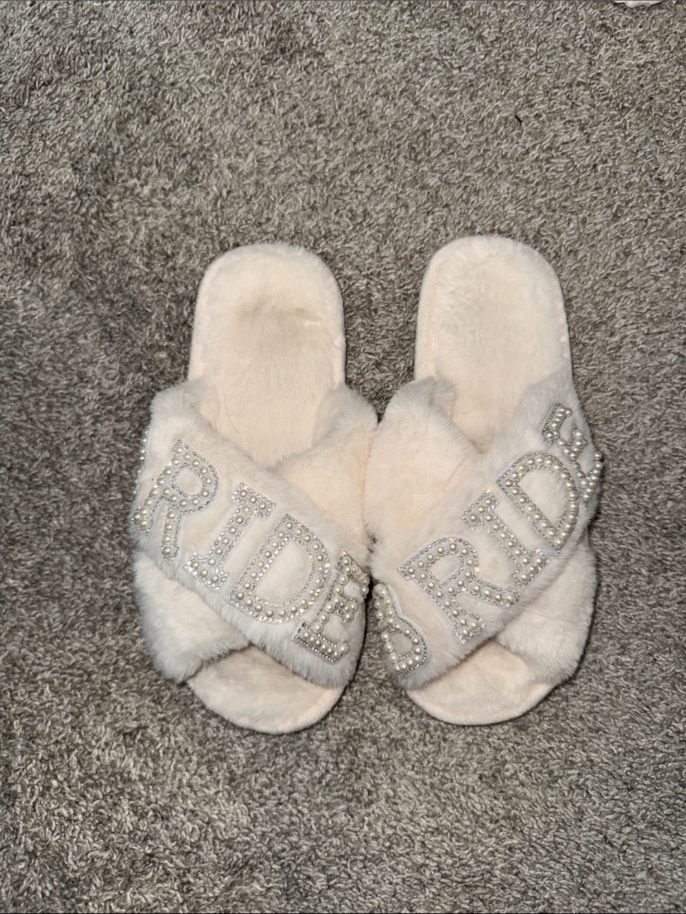 BRIDE Faux Fur Pearl & Rhinestone Embellished Slide-On Slippers - Womens
